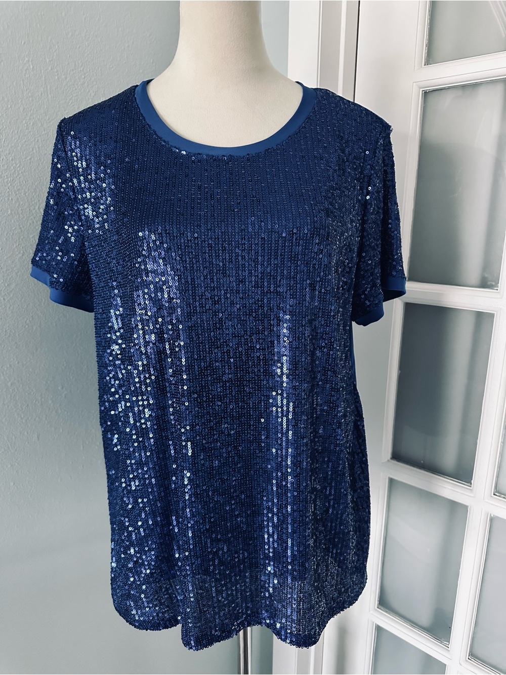 Anne Klein Navy Blue Sequin Short-Sleeve Top